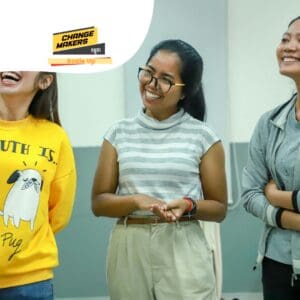 Three smiley female with Change Maker Scale Up logo