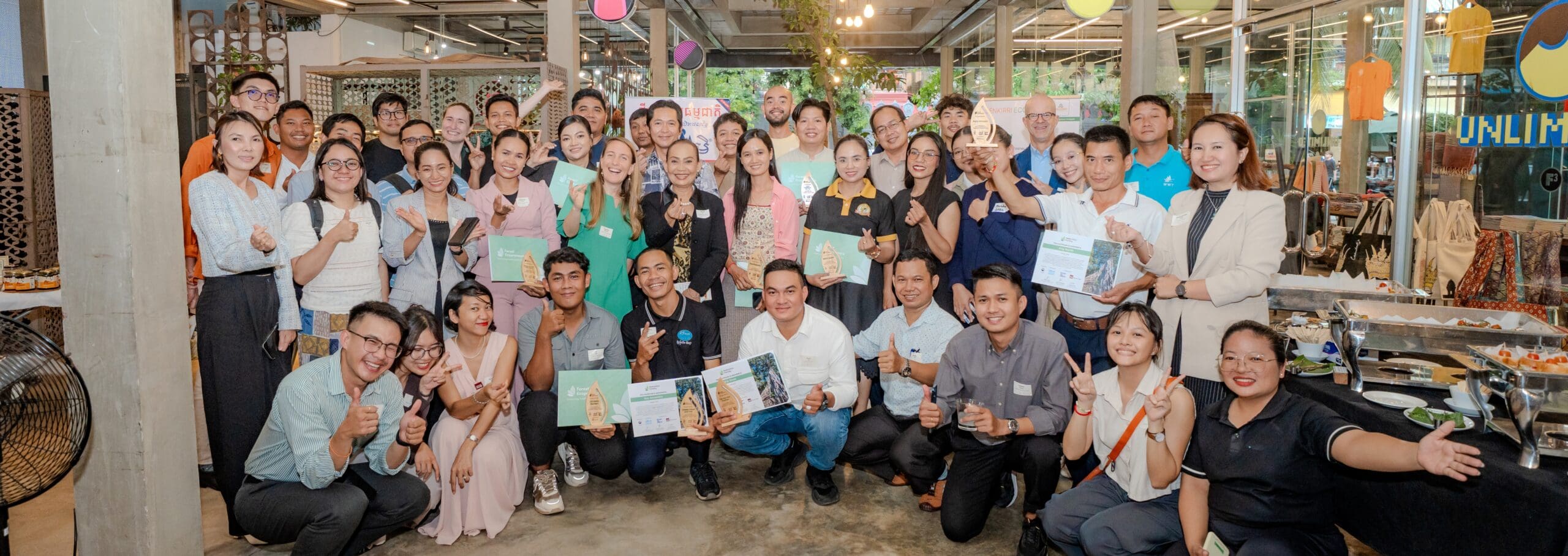 A group photo of invited participants, forest ecopreneurs venture, and impact hub phnom penh's team on a closing event of Forest Ecopreneurs 2025