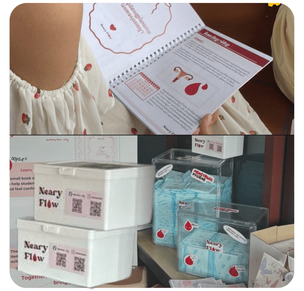 A person in a floral dress reads a menstrual health booklet. Below are clear containers labeled "Neary Flow," filled with blue sanitary pads. The image conveys educational and supportive themes.