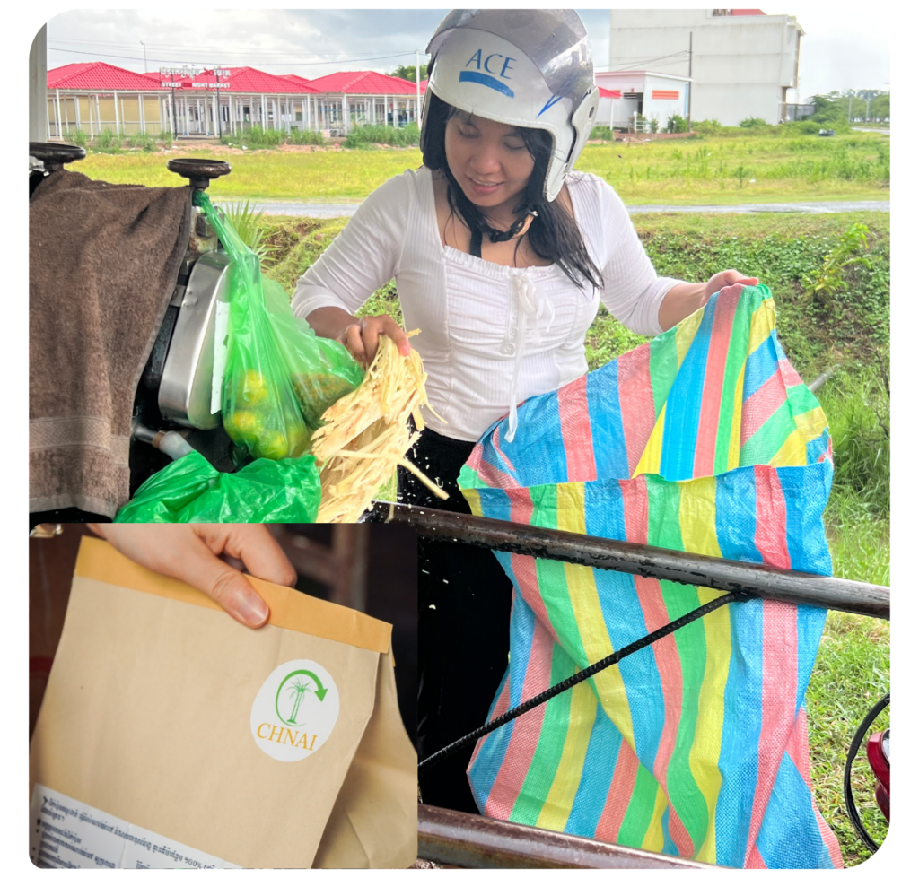 A woman in a helmet operates a machine outdoors, shredding sugarcane and collecting it in a colorful striped bag. Below, a hand holds a labeled brown bag.