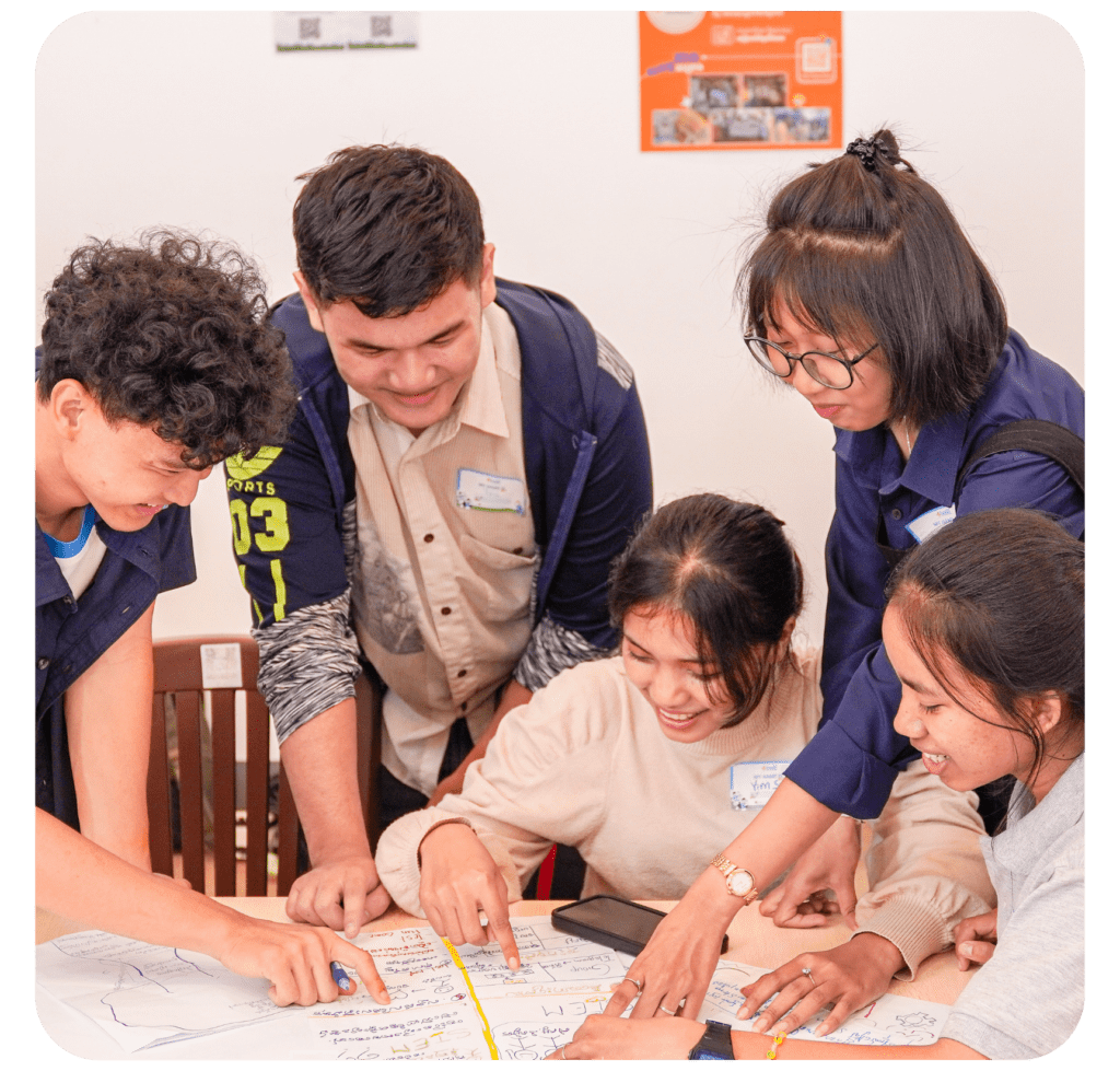 A group of five young adults collaborating and smiling around a table with papers. The atmosphere is lively and engaging, suggesting teamwork.