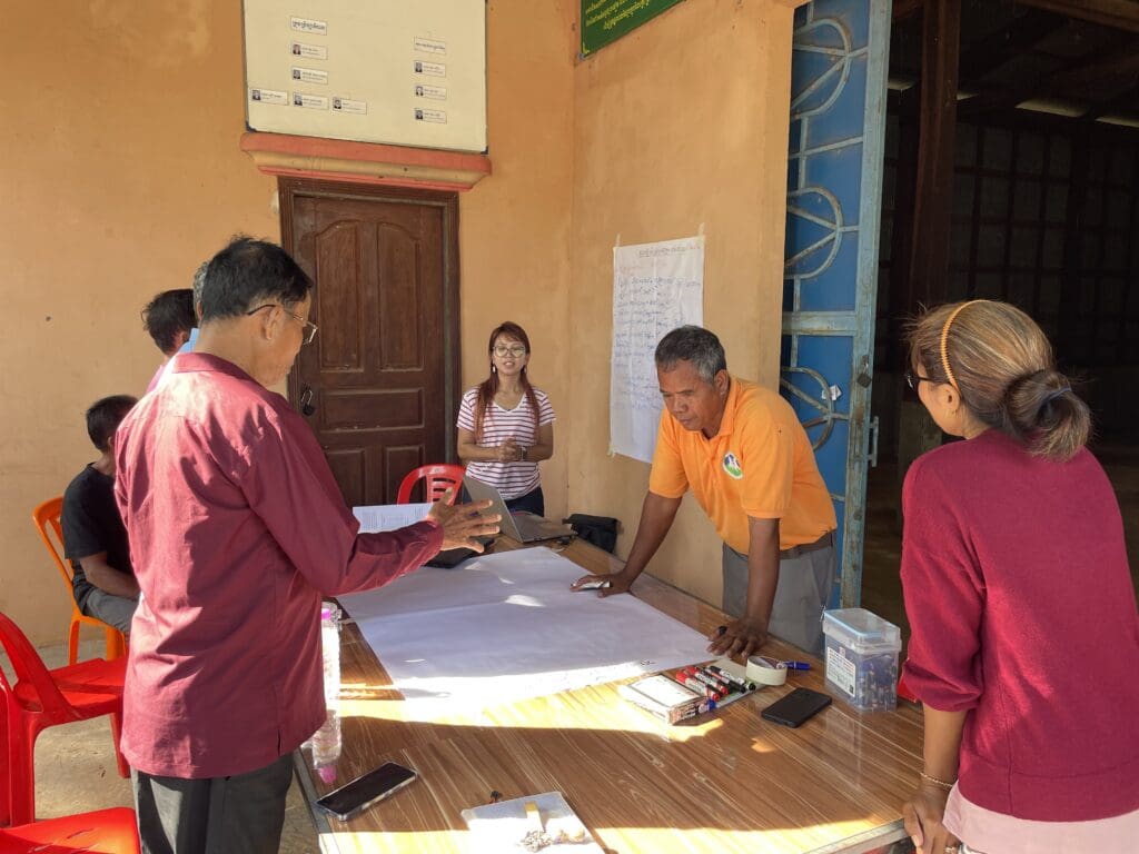 Poch Poeun, wearing an orange shirt, joins a community group discussion on cost of goods sold.