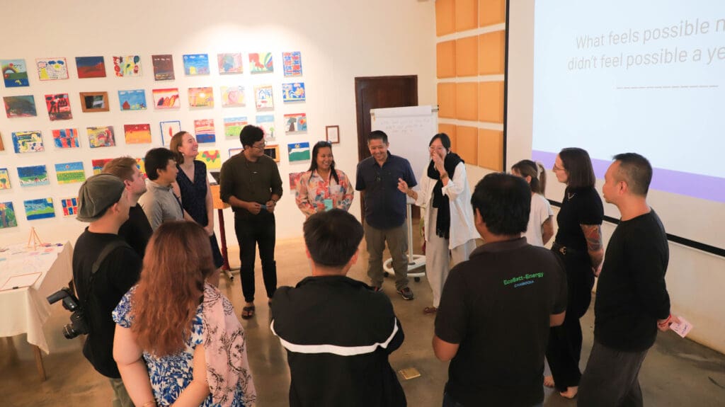 The leadership teams of the six ventures join GIZ partners and the program’s lead mentor for a closing reflection session. Photo by Impact Hub Phnom Penh / Huyly Hour